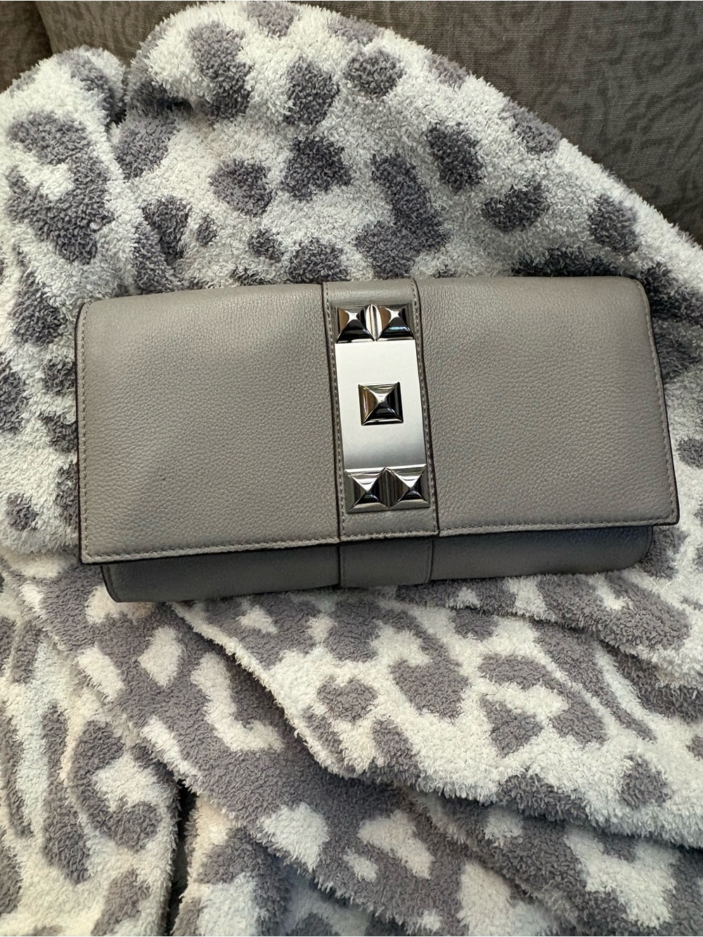 Gray Leather Clutch with Stud Accent